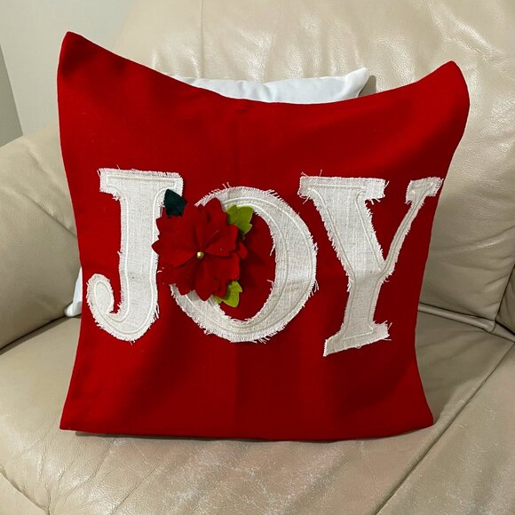Pair Joy Applique Wool Holiday Square Christmas Pillow Covers by Living Quarters - Picture 2 of 6